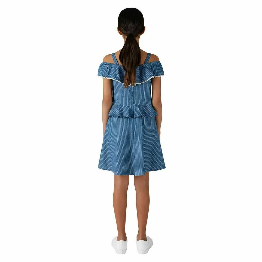 BCBGirls Dress Blue White Stripe Cold Shoulder Ruffle - Picture 3 of 11